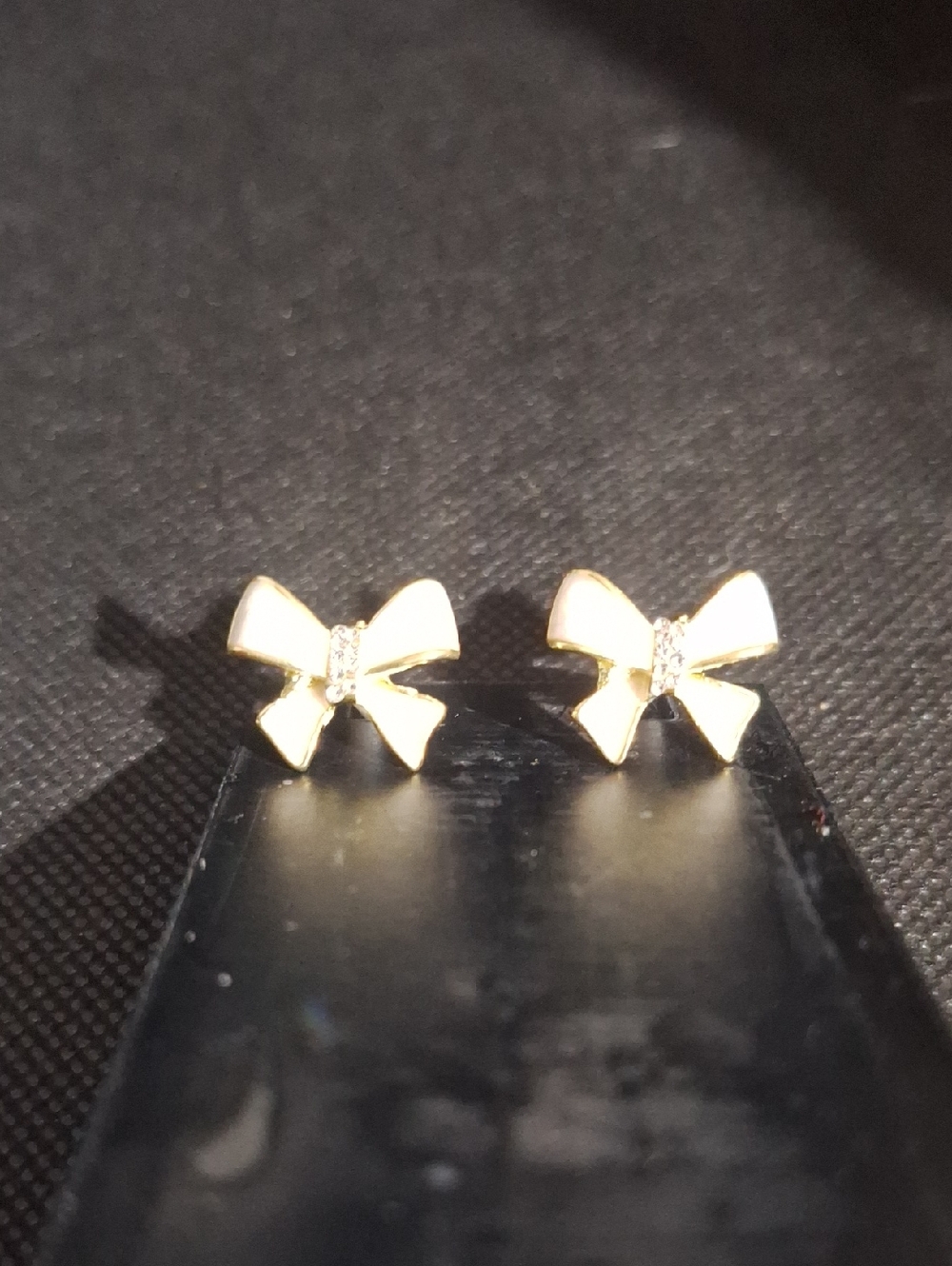 Gold Bow Stud Earrings with Crystal Center